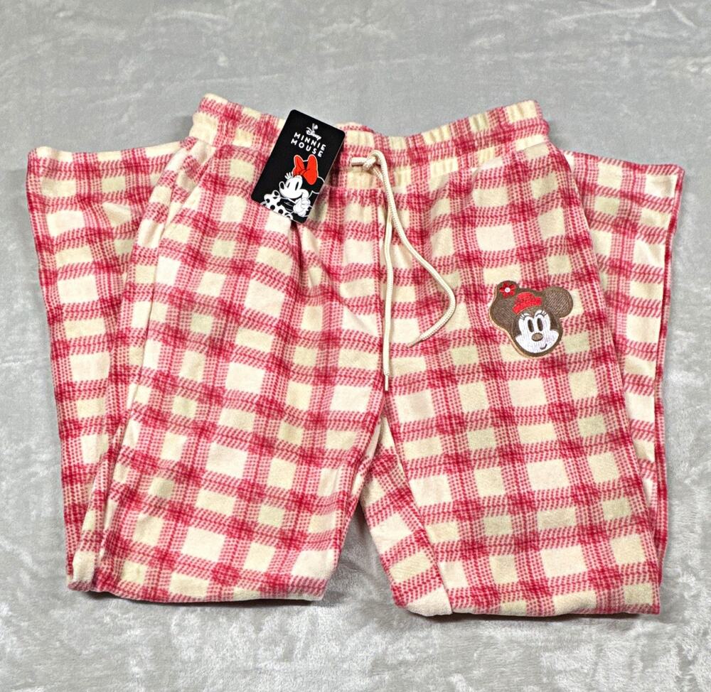 Disney Minnie Mouse Fleece Pajama Pants L Red Cream Plaid Drawstring Pockets
